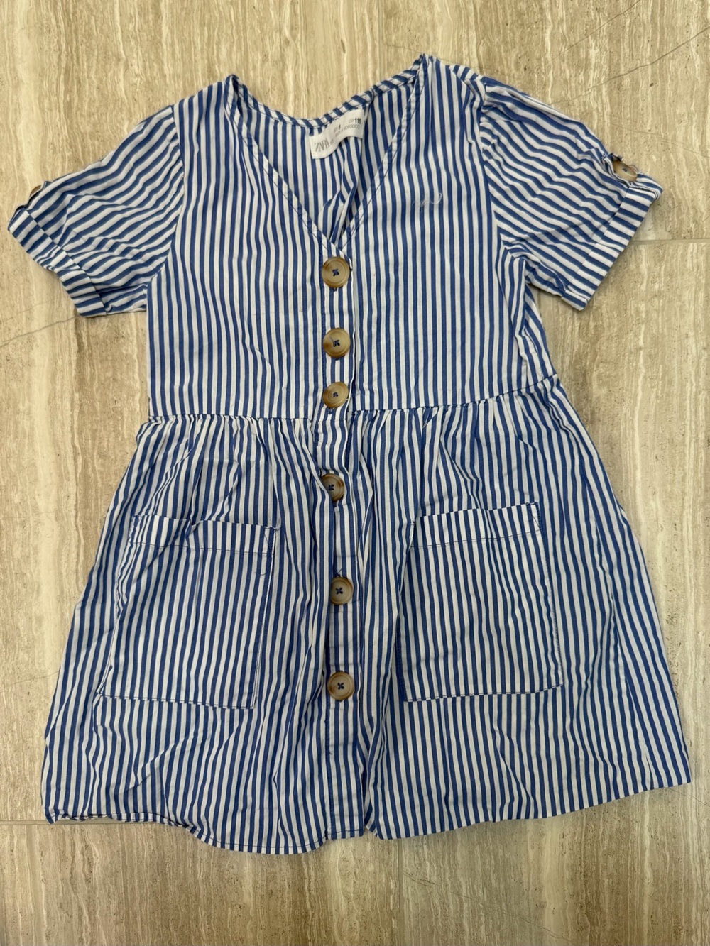 Zara Blue & White Striped Button-Front Kids Dress